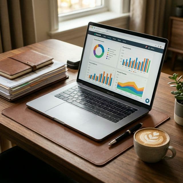A laptop and financial records at an accounting workspace